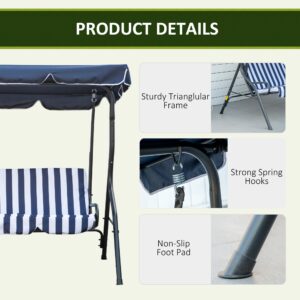 Outsunny 3-Person Patio Porch Swing with Adjustable Canopy for Adults, Steel Frame, Seat & Backrest Cushion, Armrests, Dark Blue & White Striped