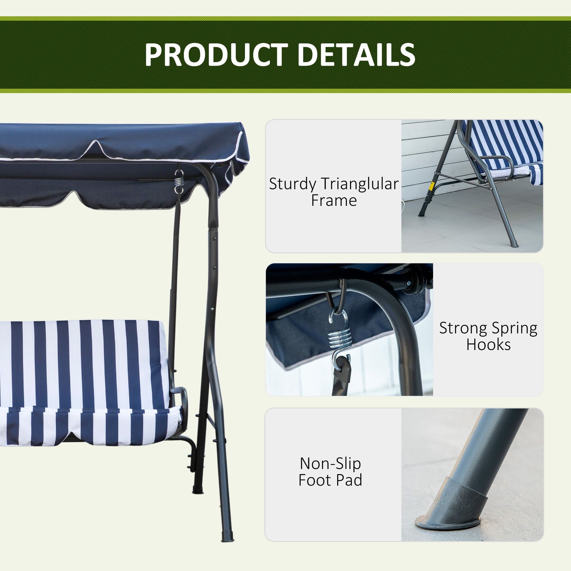 Outsunny 3-Person Patio Porch Swing with Adjustable Canopy for Adults, Steel Frame, Seat & Backrest Cushion, Armrests, Dark Blue & White Striped