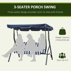 Outsunny 3-Person Patio Porch Swing with Adjustable Canopy for Adults, Steel Frame, Seat & Backrest Cushion, Armrests, Dark Blue & White Striped