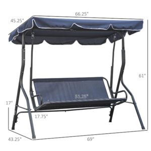 Outsunny 3-Person Patio Porch Swing with Adjustable Canopy for Adults, Steel Frame, Seat & Backrest Cushion, Armrests, Dark Blue & White Striped