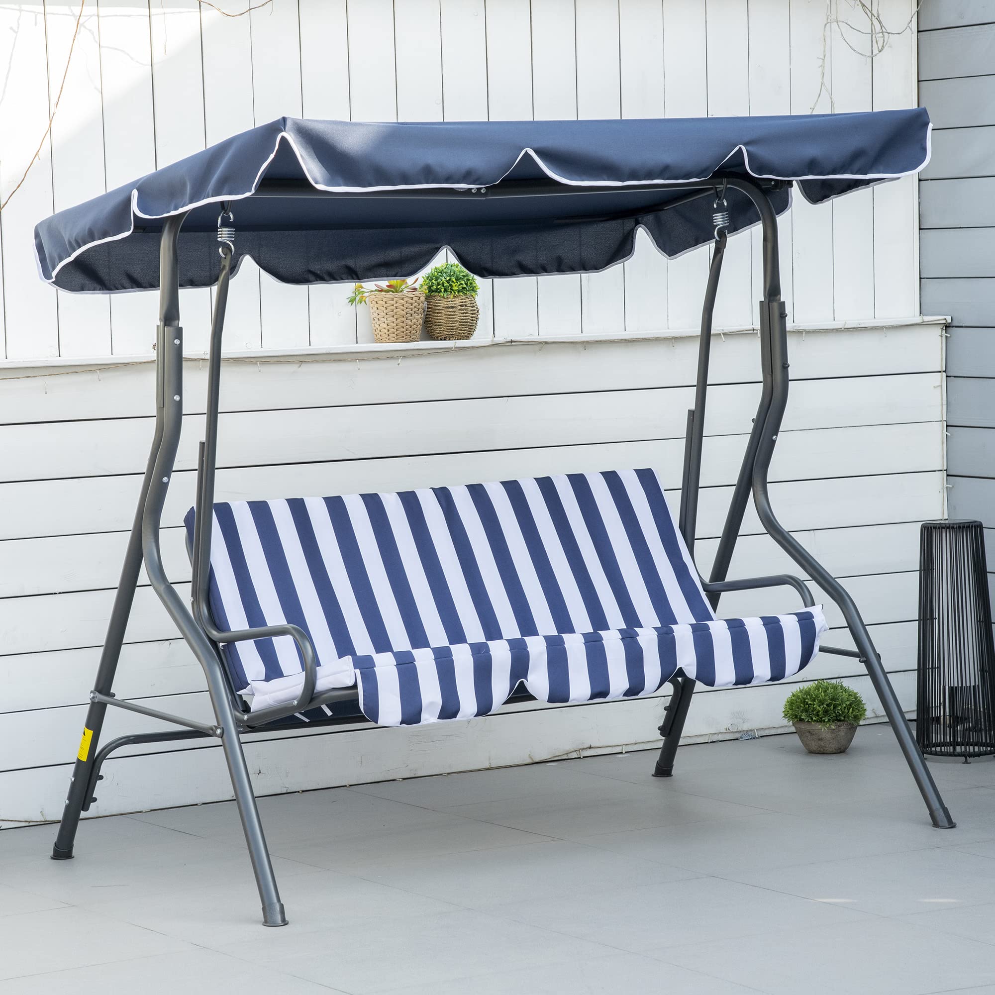 Outsunny 3-Person Patio Porch Swing with Adjustable Canopy for Adults, Steel Frame, Seat & Backrest Cushion, Armrests, Dark Blue & White Striped