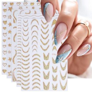jmeowio 8 sheets french tip nail art stickers decals self-adhesive pegatinas uñas gold line nail supplies nail art design decoration accessories