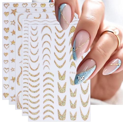 JMEOWIO 8 Sheets French Tip Nail Art Stickers Decals Self-Adhesive Pegatinas Uñas Gold Line Nail Supplies Nail Art Design Decoration Accessories