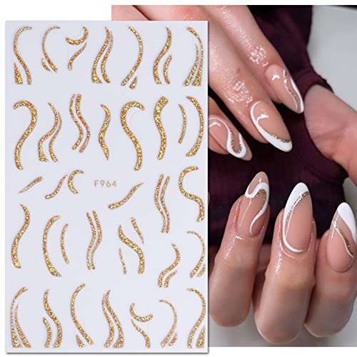 JMEOWIO 8 Sheets French Tip Nail Art Stickers Decals Self-Adhesive Pegatinas Uñas Gold Line Nail Supplies Nail Art Design Decoration Accessories