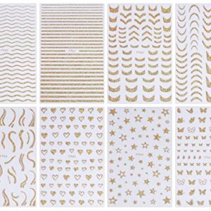 JMEOWIO 8 Sheets French Tip Nail Art Stickers Decals Self-Adhesive Pegatinas Uñas Gold Line Nail Supplies Nail Art Design Decoration Accessories