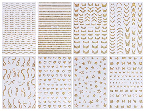 JMEOWIO 8 Sheets French Tip Nail Art Stickers Decals Self-Adhesive Pegatinas Uñas Gold Line Nail Supplies Nail Art Design Decoration Accessories