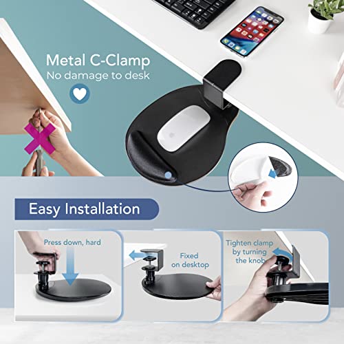 EHO Clamp on Mouse Platform, Clip on Pad Rotating 360 Degree, w/Comfortable Gel Wrist Rest, Ergonomic, Attachment, Slide Out Tray, Suitable for 1.5" Thickness Desk, for Home Office Desk Organizer