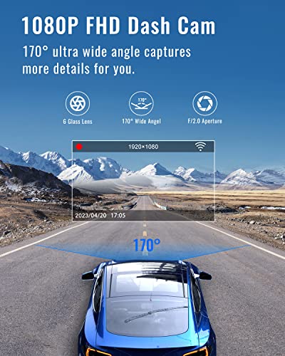 Dash Cam,1080P WiFi Dash Camera for Cars,Dash cam Front with App,Car Camera with Night Vision,170° Wide Angle WDR,24 Hours Parking Mode,G-Sensor,Loop Recording,Support 128GB Max-Hardwiring kit