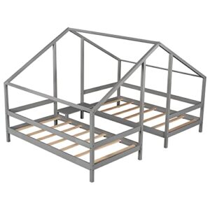 HAUSHECK Double Twin Beds for Kids, Twin Size House Bed with Storage Drawers, Wooden Double Twin Platform Beds for Boys & Girls, Kids Bed with Guardrails & Roof, No Spring Box Needed, Space Saving