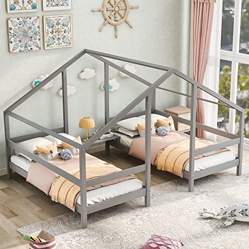 HAUSHECK Double Twin Beds for Kids, Twin Size House Bed with Storage Drawers, Wooden Double Twin Platform Beds for Boys & Girls, Kids Bed with Guardrails & Roof, No Spring Box Needed, Space Saving