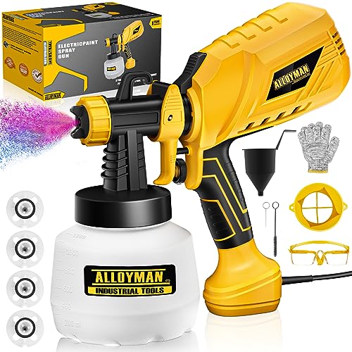 ALLOYMAN Paint Sprayer, 650W HVLP Electric Paint Sprayer, 4 Nozzles and 3 Patterns, with 1200ml Large Container Spray Gun, Easy to Clean, Paint sprayers for Home Interior and Exterior