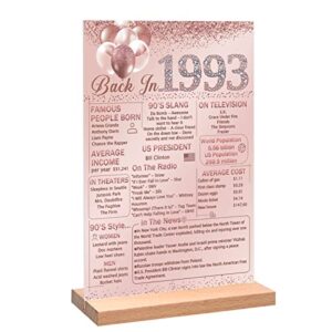 vlipoeasn pink 30th birthday anniversary table decoration 1993 poster for women, rose gold back in 1993 acrylic table sign with wooden stand, 30 year old birthday party centerpieces gift supplies