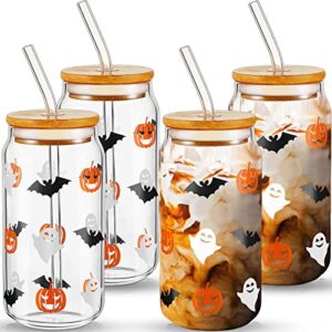 4 pack halloween glass cups 16 oz halloween iced coffee cups ghost pumpkin bat mugs with bamboo lids and straws halloween beer tumblers drinking glasses set for halloween party