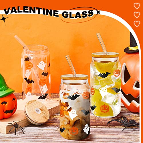 4 Pack Halloween Glass Cups 16 oz Halloween Iced Coffee Cups Ghost Pumpkin Bat Mugs with Bamboo Lids and Straws Halloween Beer Tumblers Drinking Glasses Set for Halloween Party