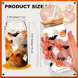 4 Pack Halloween Glass Cups 16 oz Halloween Iced Coffee Cups Ghost Pumpkin Bat Mugs with Bamboo Lids and Straws Halloween Beer Tumblers Drinking Glasses Set for Halloween Party