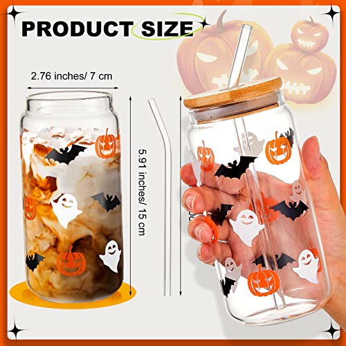 4 Pack Halloween Glass Cups 16 oz Halloween Iced Coffee Cups Ghost Pumpkin Bat Mugs with Bamboo Lids and Straws Halloween Beer Tumblers Drinking Glasses Set for Halloween Party