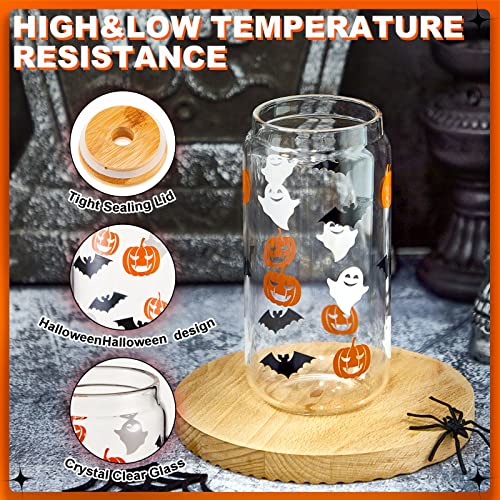 4 Pack Halloween Glass Cups 16 oz Halloween Iced Coffee Cups Ghost Pumpkin Bat Mugs with Bamboo Lids and Straws Halloween Beer Tumblers Drinking Glasses Set for Halloween Party