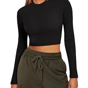 Trendy Queen Long Sleeve Shirt Women Ribbed Basic Cute Cropped Tight Slim Fitted Shirts Fall Fashion Y2k Crop Tops Teen Girls 2023 Trendy Black