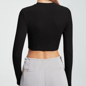 Trendy Queen Long Sleeve Shirt Women Ribbed Basic Cute Cropped Tight Slim Fitted Shirts Fall Fashion Y2k Crop Tops Teen Girls 2023 Trendy Black