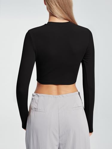 Trendy Queen Long Sleeve Shirt Women Ribbed Basic Cute Cropped Tight Slim Fitted Shirts Fall Fashion Y2k Crop Tops Teen Girls 2023 Trendy Black