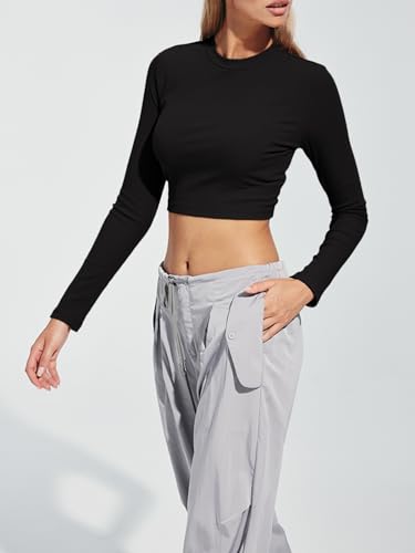 Trendy Queen Long Sleeve Shirt Women Ribbed Basic Cute Cropped Tight Slim Fitted Shirts Fall Fashion Y2k Crop Tops Teen Girls 2023 Trendy Black