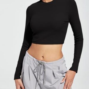 Trendy Queen Long Sleeve Shirt Women Ribbed Basic Cute Cropped Tight Slim Fitted Shirts Fall Fashion Y2k Crop Tops Teen Girls 2023 Trendy Black