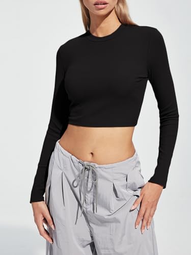 Trendy Queen Long Sleeve Shirt Women Ribbed Basic Cute Cropped Tight Slim Fitted Shirts Fall Fashion Y2k Crop Tops Teen Girls 2023 Trendy Black