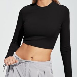 Trendy Queen Long Sleeve Shirt Women Ribbed Basic Cute Cropped Tight Slim Fitted Shirts Fall Fashion Y2k Crop Tops Teen Girls 2023 Trendy Black