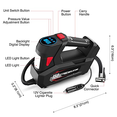 Awindshade Tire Inflator Portable Air Pump for Car Tires with Digital Pressure Gauge, DC 12V Auto Tire Pump,150PSI with Emergency LED Light for Car, Motorcycle, Bicycle and Other Inflatables