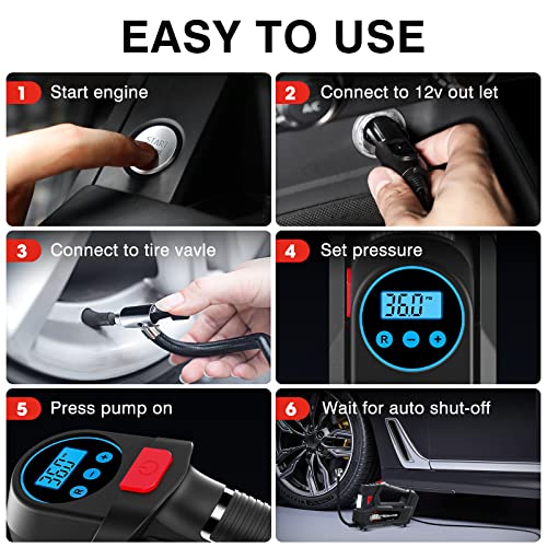 Awindshade Tire Inflator Portable Air Pump for Car Tires with Digital Pressure Gauge, DC 12V Auto Tire Pump,150PSI with Emergency LED Light for Car, Motorcycle, Bicycle and Other Inflatables