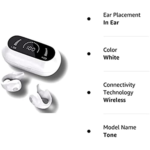 Open Ear Headphones,Wireless Bluetooth Earbuds,Bone Conduction Headphones, Sport Earbuds,Bluetooth 5.3 Clip-on Earphones,Premium Sound, Noise Cancelling, 32 Hours Playtime with Case (White