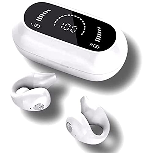 Open Ear Headphones,Wireless Bluetooth Earbuds,Bone Conduction Headphones, Sport Earbuds,Bluetooth 5.3 Clip-on Earphones,Premium Sound, Noise Cancelling, 32 Hours Playtime with Case (White