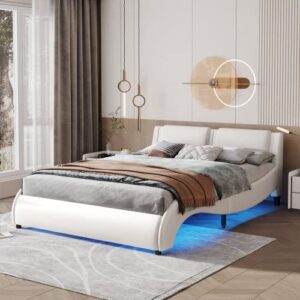 ochangqi queen bed frame with led lights, modern led low profile platform bed frame with headboard, queen size wave-like curve faux leather upholstered bed frame,no box spring needed (white, queen)
