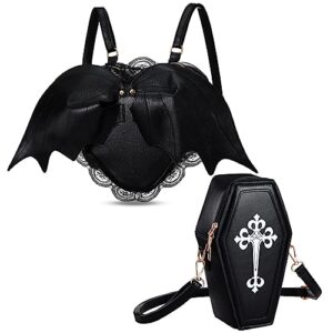 2 pcs gothic purse bat wings pu leather crossbody coffin shape wallet handbags novelty shoulder bag for women girls (coffin and bat)