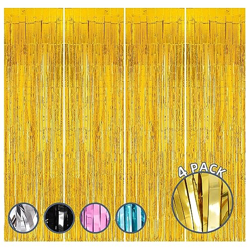 4 Pack 3.2ft x 8.2ft Gold Foil Fringe Curtain Backdrop Metallic Tinsel Foil Fringe Curtains Photo Booth Backdrop for Birthday Party Decorations Christmas Baby Shower Party Decorations (Gold)