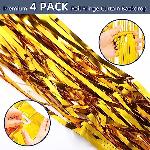 4 Pack 3.2ft x 8.2ft Gold Foil Fringe Curtain Backdrop Metallic Tinsel Foil Fringe Curtains Photo Booth Backdrop for Birthday Party Decorations Christmas Baby Shower Party Decorations (Gold)