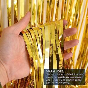 4 Pack 3.2ft x 8.2ft Gold Foil Fringe Curtain Backdrop Metallic Tinsel Foil Fringe Curtains Photo Booth Backdrop for Birthday Party Decorations Christmas Baby Shower Party Decorations (Gold)