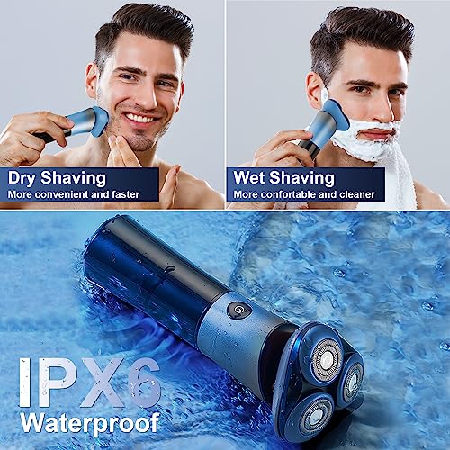 Men Electric Razor, SOPPY Cordless Electric Shaver with 360° Magnetic Head, Rechargeable Wet Dry Shaver, IPX7 Waterproof Electric Razors as Birthday Christmas for Husband Dad, Blue