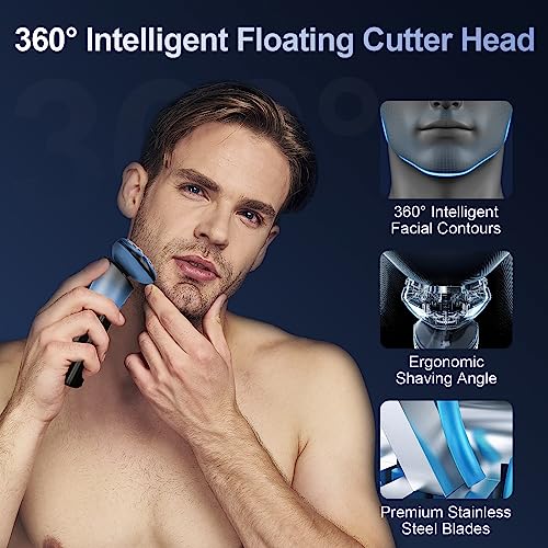 Men Electric Razor, SOPPY Cordless Electric Shaver with 360° Magnetic Head, Rechargeable Wet Dry Shaver, IPX7 Waterproof Electric Razors as Birthday Christmas for Husband Dad, Blue