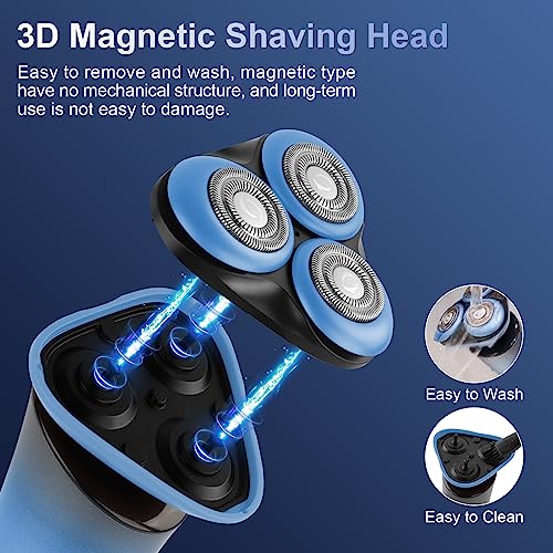 Men Electric Razor, SOPPY Cordless Electric Shaver with 360° Magnetic Head, Rechargeable Wet Dry Shaver, IPX7 Waterproof Electric Razors as Birthday Christmas for Husband Dad, Blue