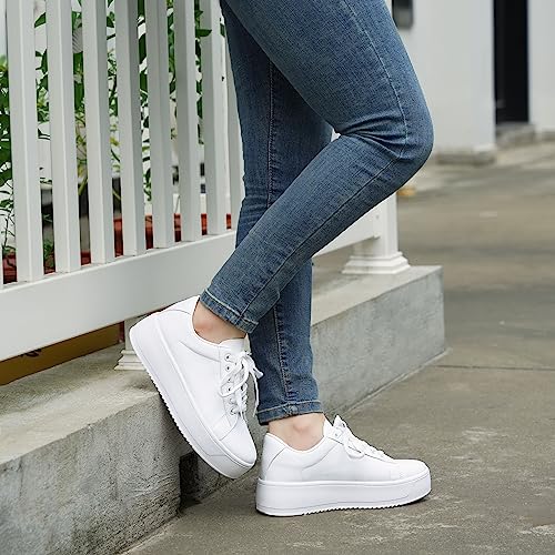 JABASIC Women Fashion Sneakers Low-top Lace-Up Stylish Walking Shoes Comfort Platform Sneakers (8,White)