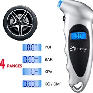 PINKJOY Digital Tire Pressure Gauge 150 PSI, 4 Settings, Tire Gauge for Car, Truck, Motorcycle, Bicycle with Backlit LCD and Non-Slip Grip (Silver)