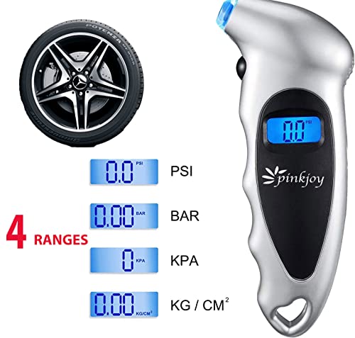 PINKJOY Digital Tire Pressure Gauge 150 PSI, 4 Settings, Tire Gauge for Car, Truck, Motorcycle, Bicycle with Backlit LCD and Non-Slip Grip (Silver)