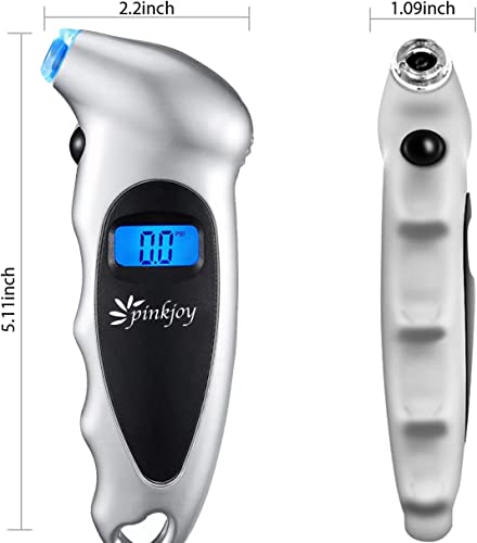 PINKJOY Digital Tire Pressure Gauge 150 PSI, 4 Settings, Tire Gauge for Car, Truck, Motorcycle, Bicycle with Backlit LCD and Non-Slip Grip (Silver)