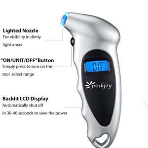 PINKJOY Digital Tire Pressure Gauge 150 PSI, 4 Settings, Tire Gauge for Car, Truck, Motorcycle, Bicycle with Backlit LCD and Non-Slip Grip (Silver)