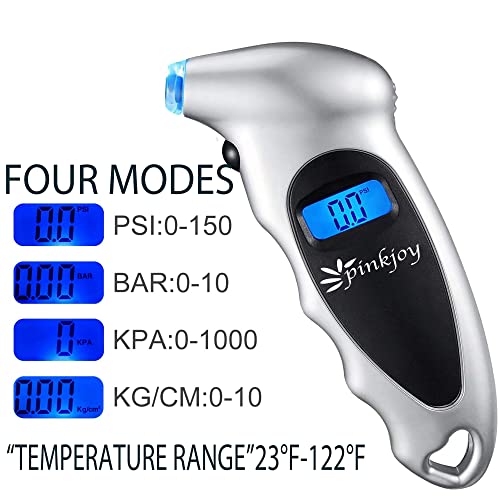 PINKJOY Digital Tire Pressure Gauge 150 PSI, 4 Settings, Tire Gauge for Car, Truck, Motorcycle, Bicycle with Backlit LCD and Non-Slip Grip (Silver)