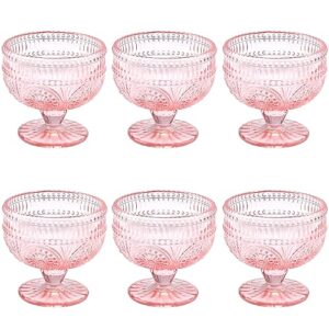 vintage glass dessert bowls set of 6-11.5 oz pink embossed glass ice cream bowls for salad, candy cake, fruit,trifle,cocktail