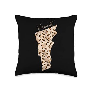 leopard print map best state to live in usa merch leopard pattern map leo state of vermont throw pillow, 16x16, multicolor