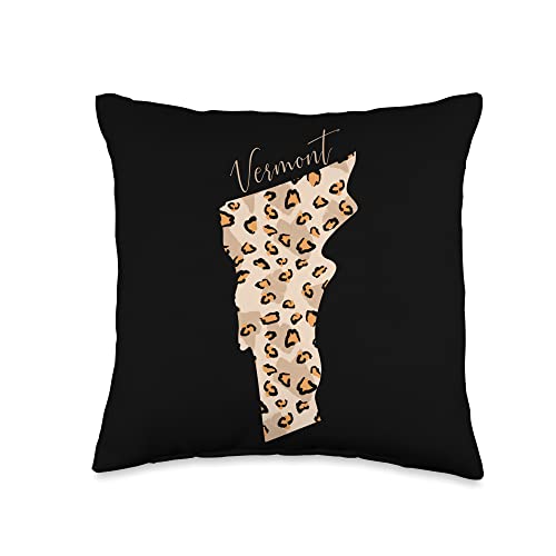 Leopard Print Map Best State To Live In USA Merch Leopard Pattern Map Leo State of Vermont Throw Pillow, 16x16, Multicolor