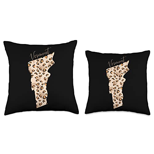 Leopard Print Map Best State To Live In USA Merch Leopard Pattern Map Leo State of Vermont Throw Pillow, 16x16, Multicolor